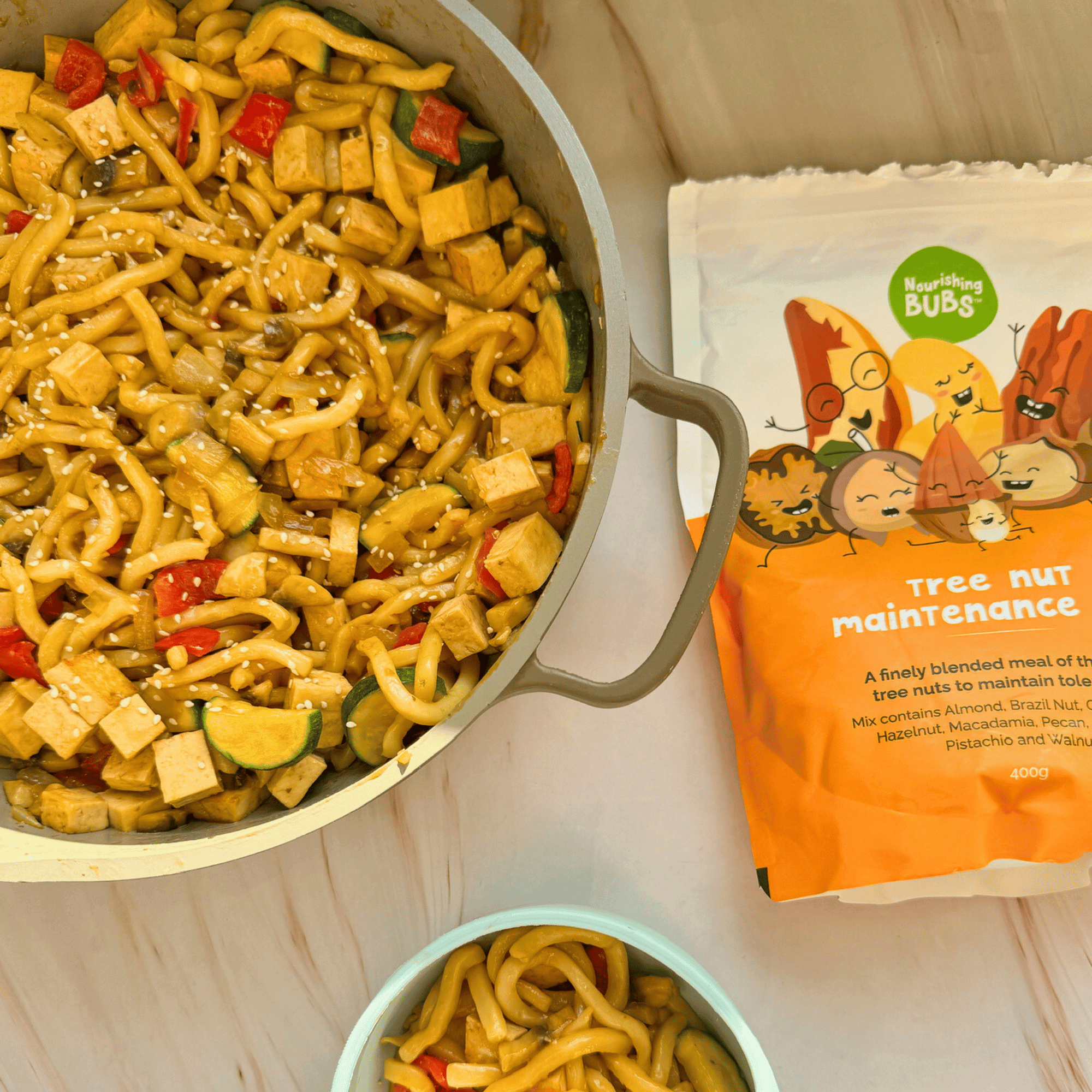 baby lead weaning stir-fry with noodles, vegetables and tofu